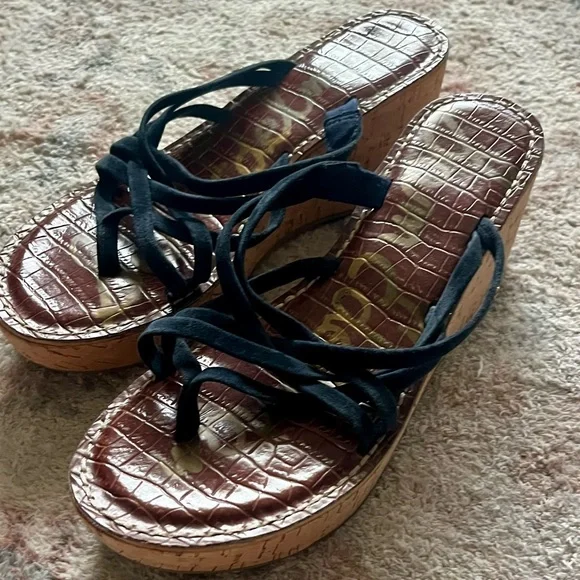 Sam Edelman Navy Wedge Sandals with Cork Heel - Picture 3 of 5
